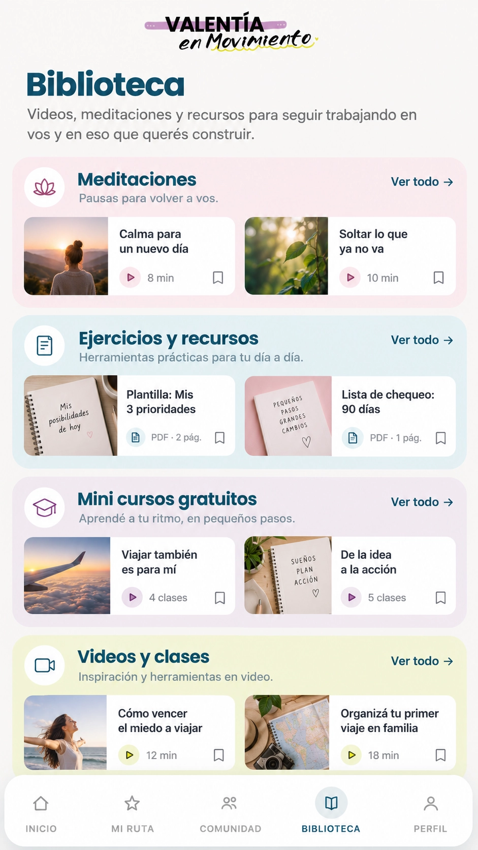 Captura real de la app Valentía: movimiento